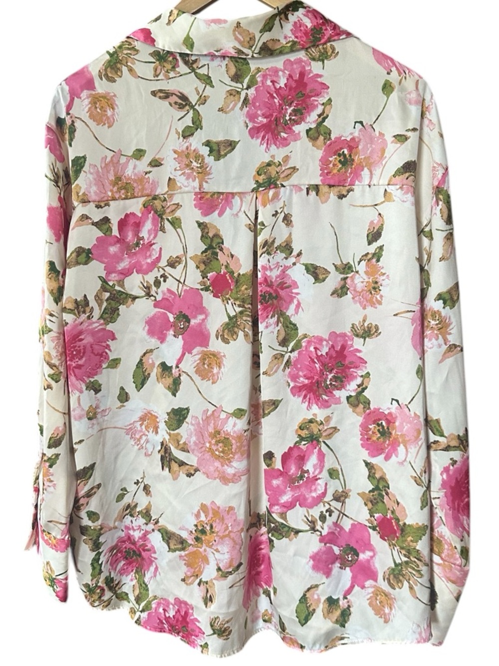 Zara Satin Effect Floral Button-Down Blouse Shirt Cream Pink Green  Sz XXL NWOT - Picture 6 of 10
